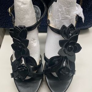 Coach Heels Floral Vamp Leather and Wood Sandals